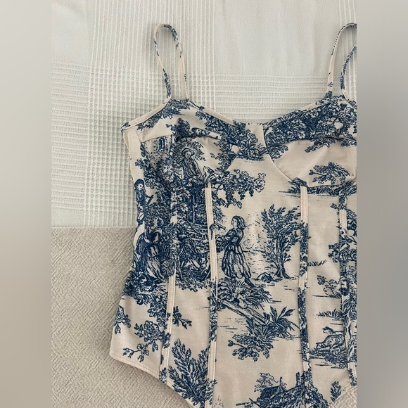 Womens CIDER bodysuit. Blue French style print. Size SMALL. Snap closure. - Picture 8 of 10